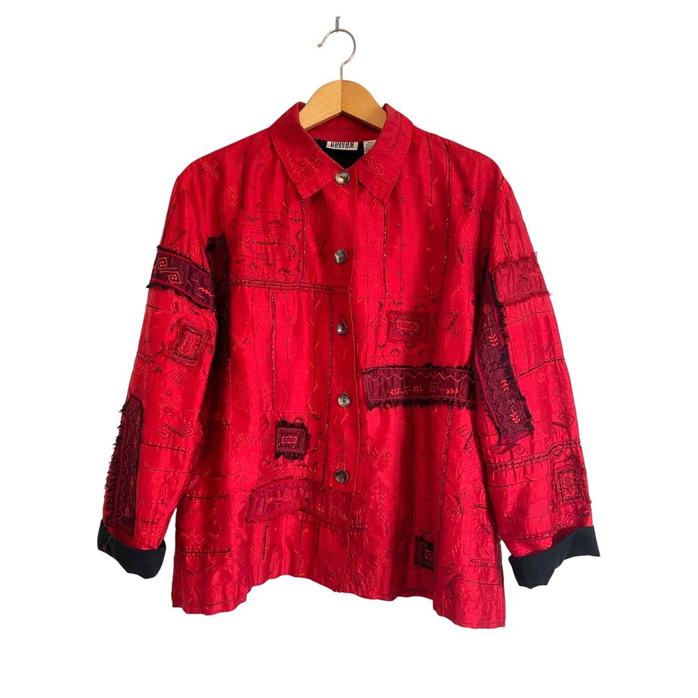 Chico's Design 100% Silk Red Jacket Blazer Embroidered Beaded 2 US L 12 Artsy